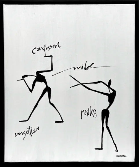 Framed black and white abstract art print with two stylized figures on a white background.