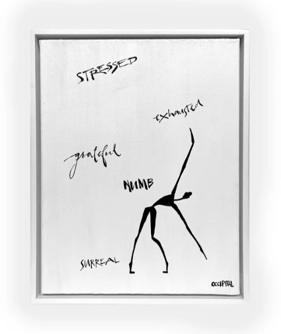 Framed artwork with a black and white abstract figure and text on a white background