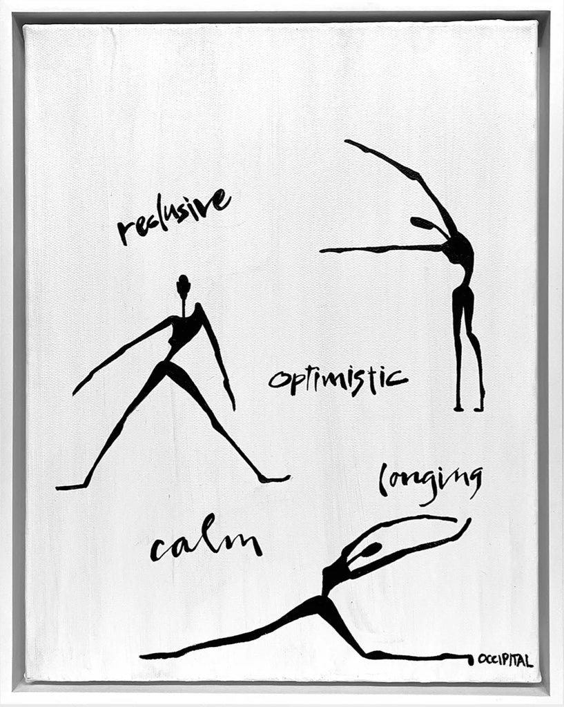 Framed artwork with black line drawings of abstract figures and text on a white background