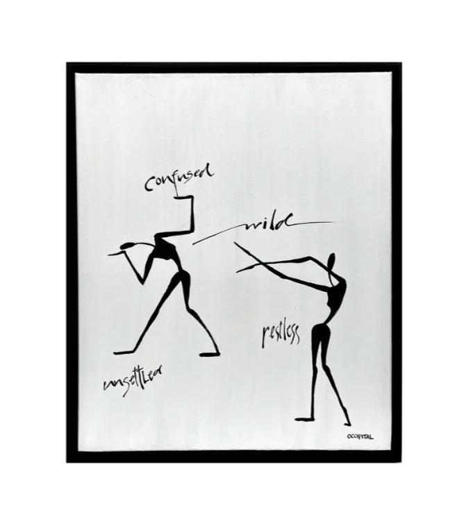 Framed black and white artwork with abstract figures and text on a white background