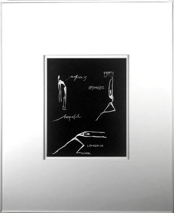 Framed artwork with black and white line drawings on a black background