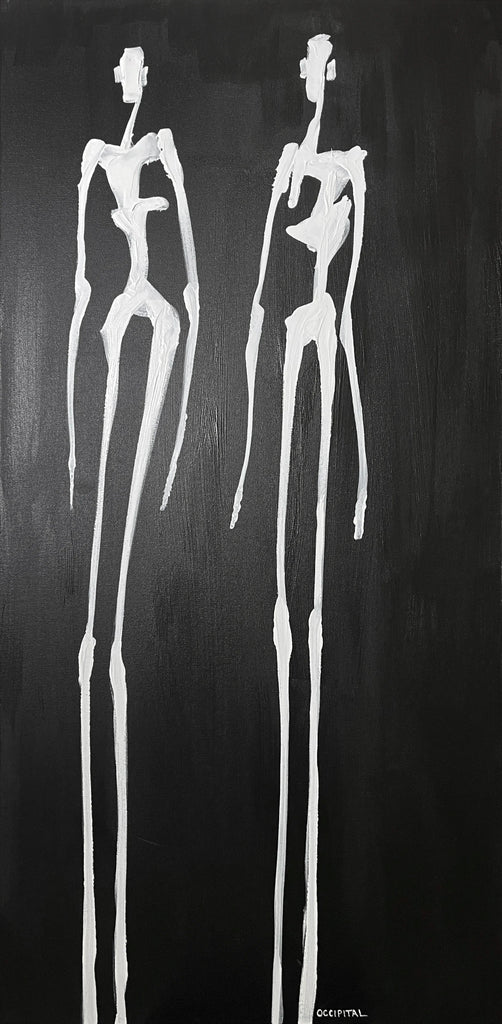 Two white abstract figures on a black background